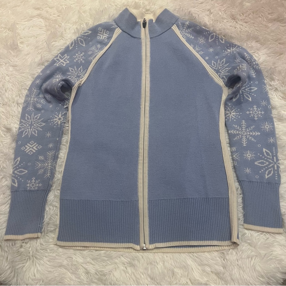 Krimson Klover Merino Wool Blend Nordic Ski Sweater Sky Blue Zip Front Size S